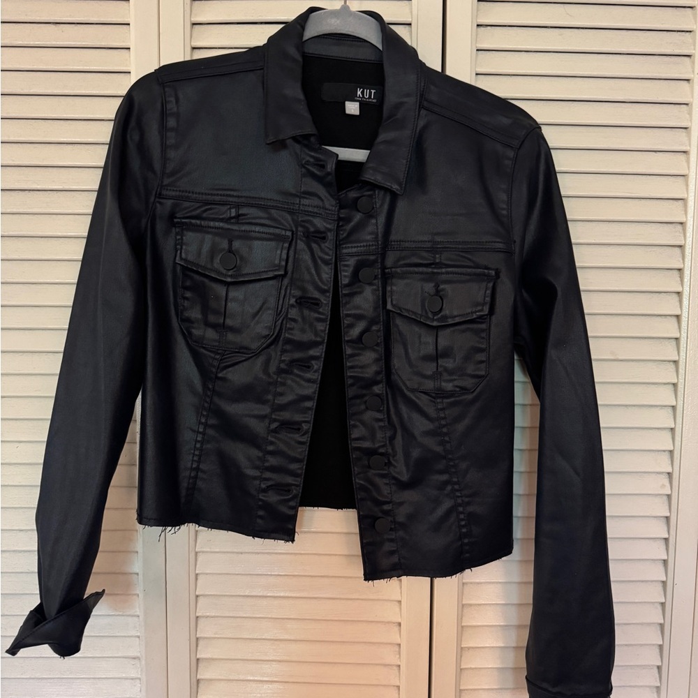 Kut from the Kloth Black Faux Leather Trucker Jacket